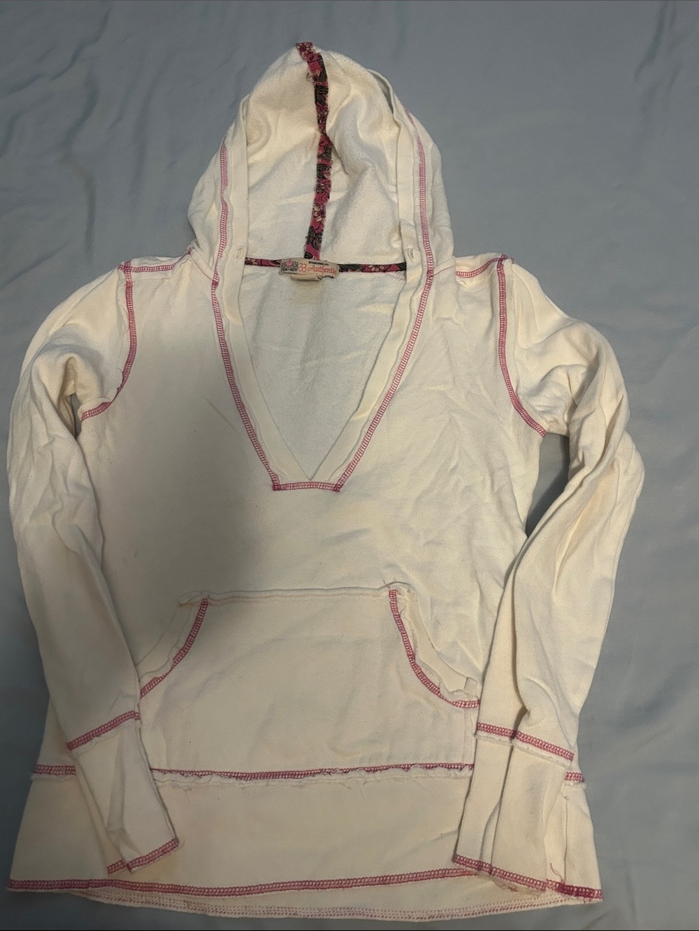 Cream V-Neck Hooded Sweater with Pink Contrast Stitching